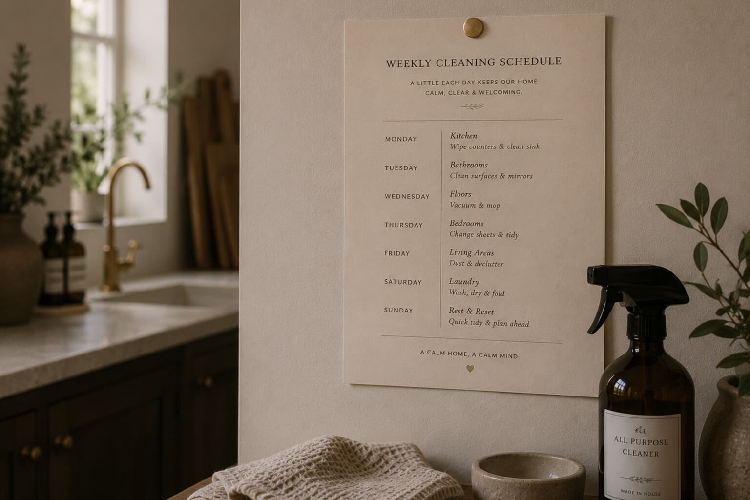 A simple weekly cleaning schedule pinned near the kitchen, with a cloth and spray bottle nearby.