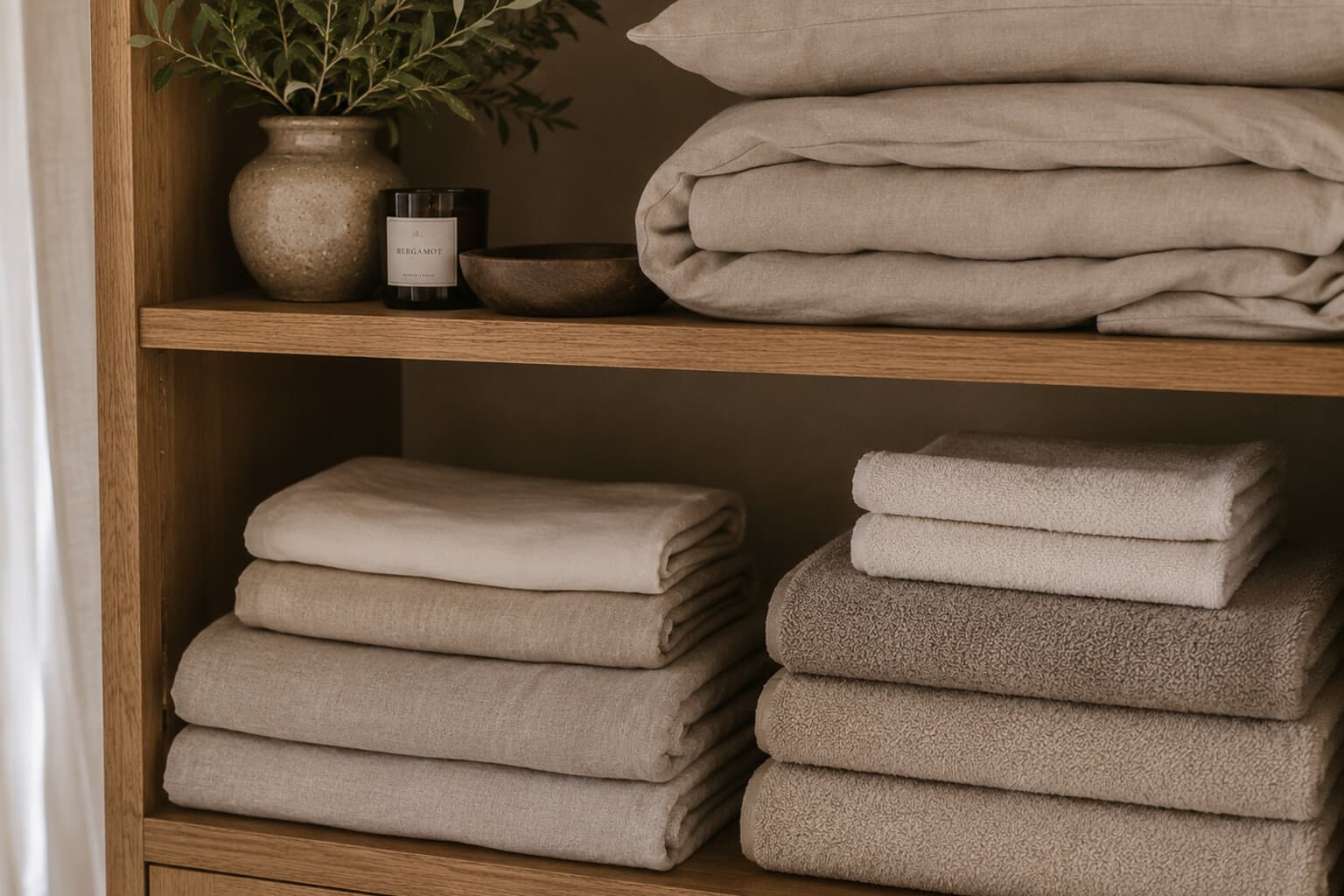 Neatly folded bedding and towel sets stacked together on an open shelf.