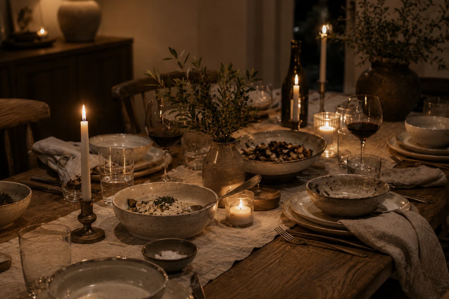 A relaxed dinner table set with mixed ceramics, low candles and a simple linen runner.