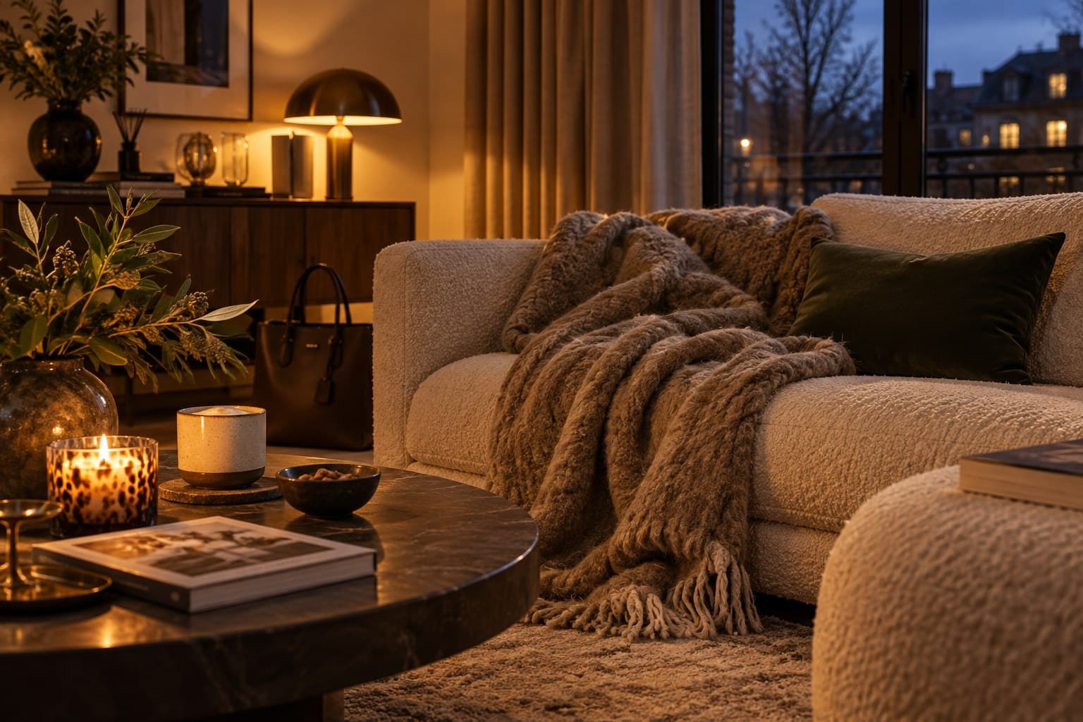 Warm winter living room at dusk with a boucle sofa, textured blanket, candlelight and soft lamps.
