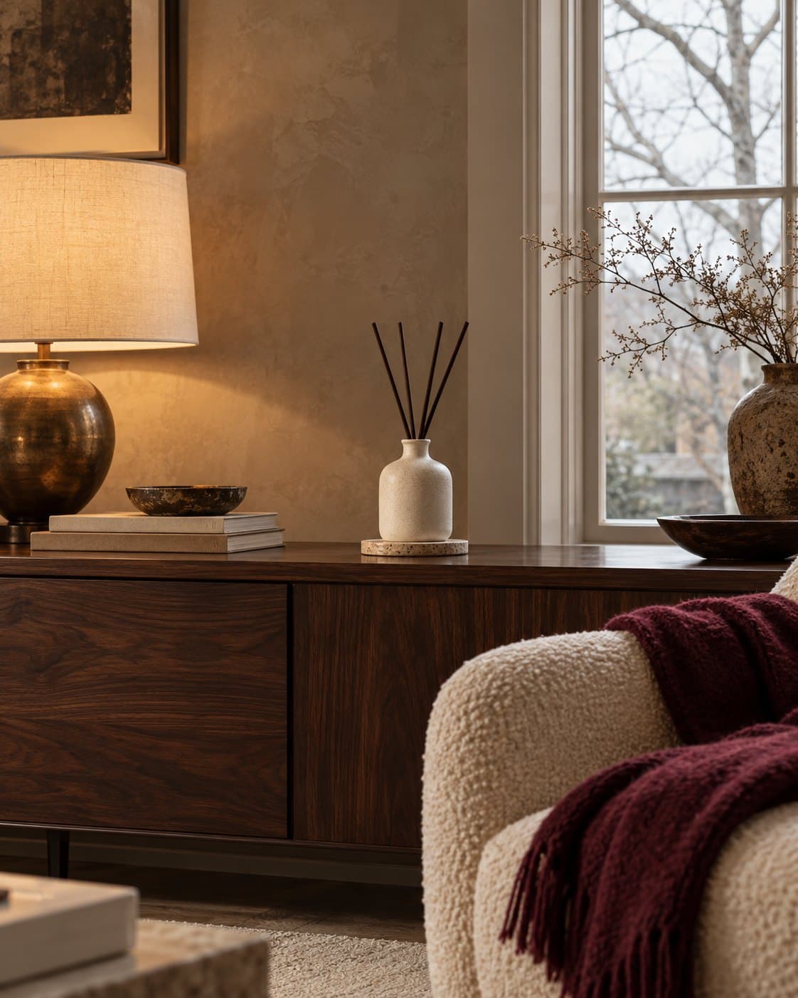 A ceramic reed diffuser on a walnut console beside a warm lamp, with a winter window and a burgundy throw.