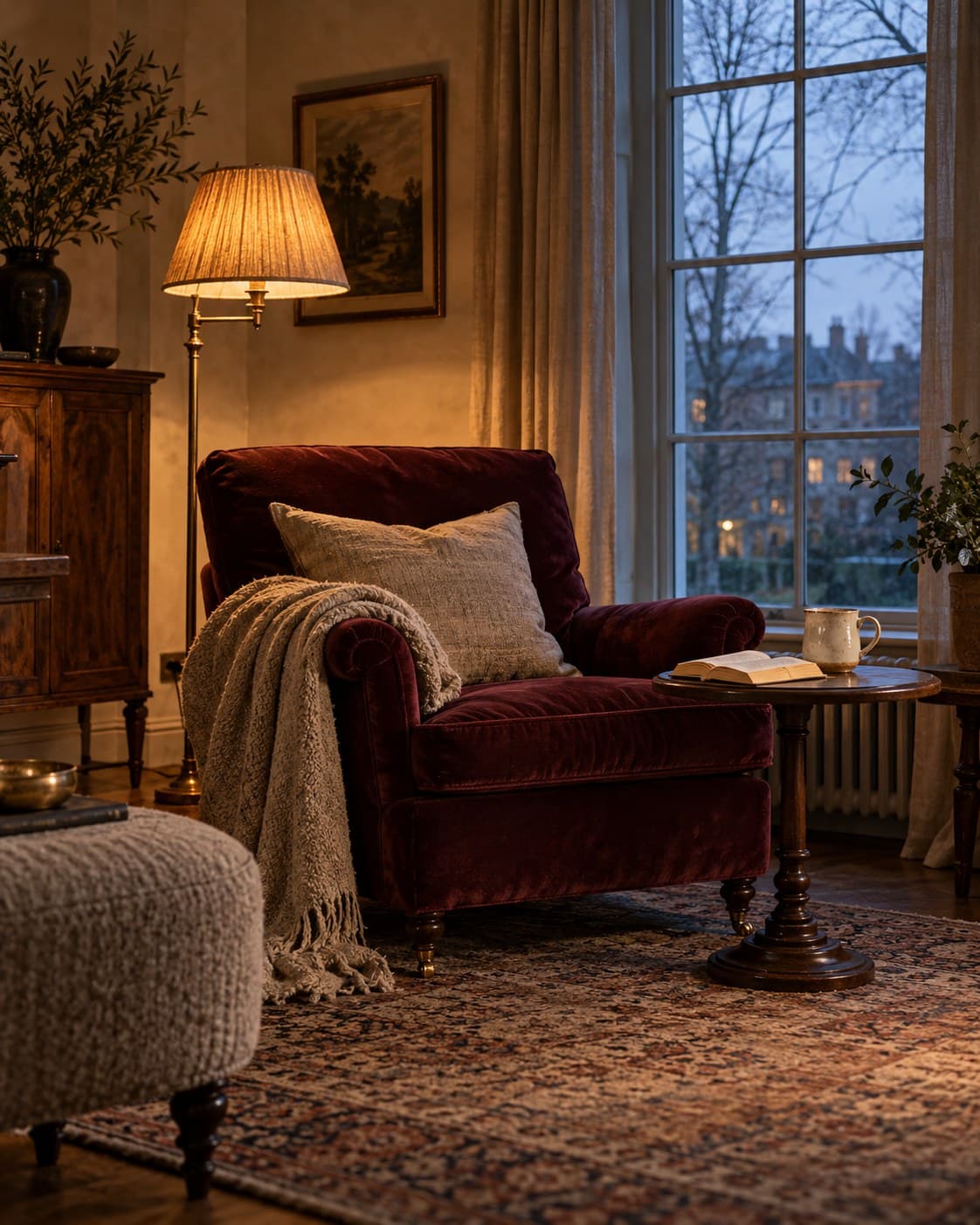 A burgundy velvet armchair with a cream throw and cushion beside a floor lamp, a small round table with an open book and a cup, and a tall window looking onto a winter dusk.