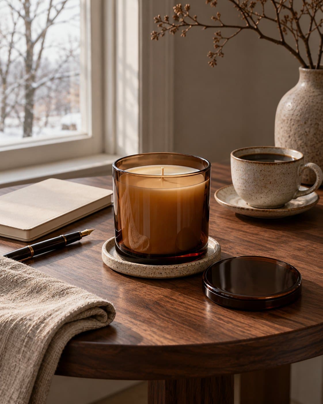 An unlit candle in amber glass beside its lid, a notebook and a cup of coffee in soft winter daylight.