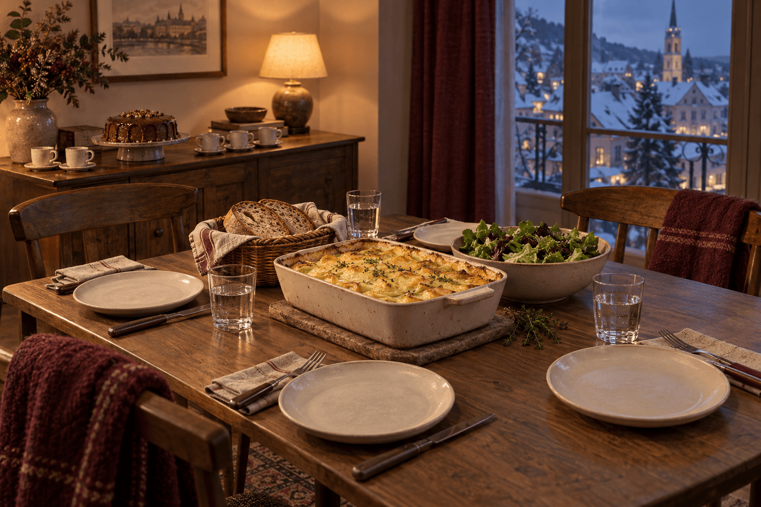 A potato and leek bake, green salad and bread on a winter supper table set for four.