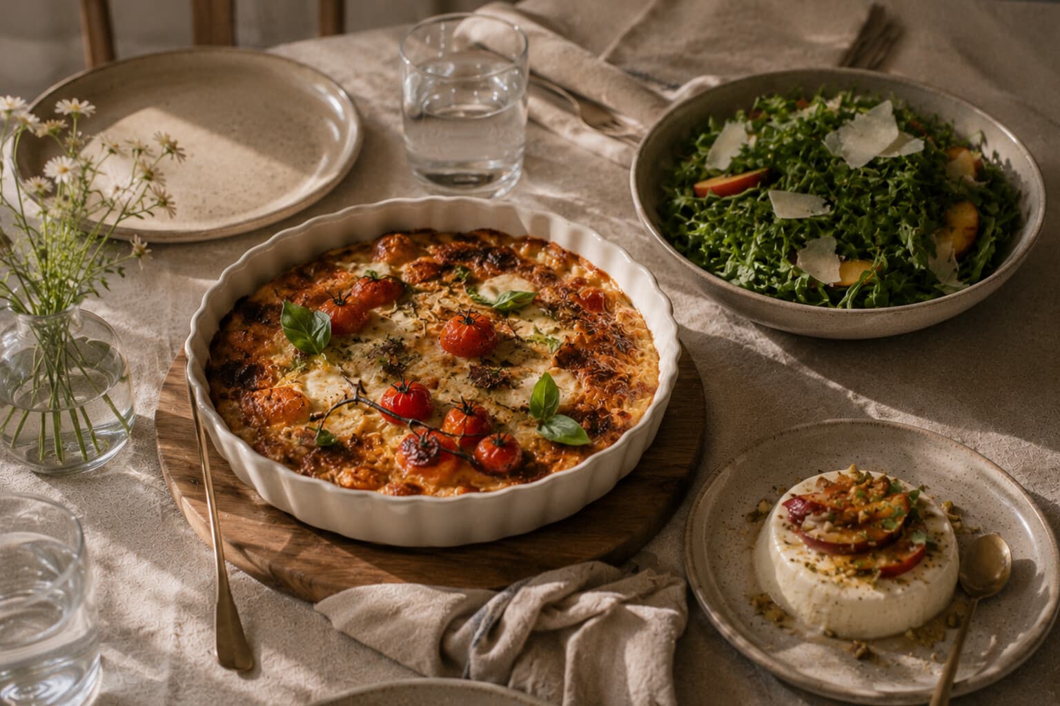 A simple seasonal spread of one central dish, a fresh salad and a small dessert on a table.