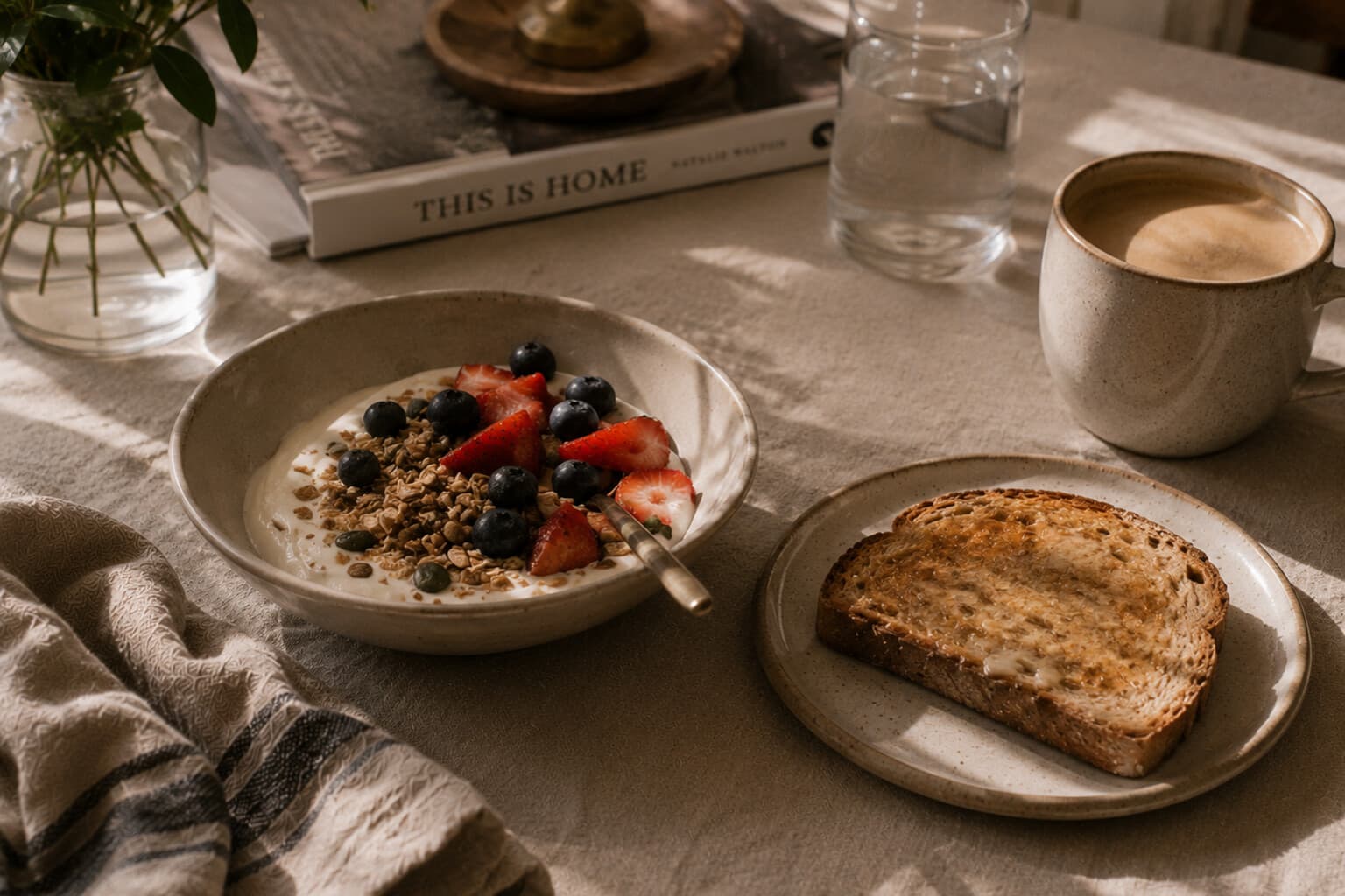 A simple breakfast of yoghurt, fruit and toast set on a table in soft morning light.