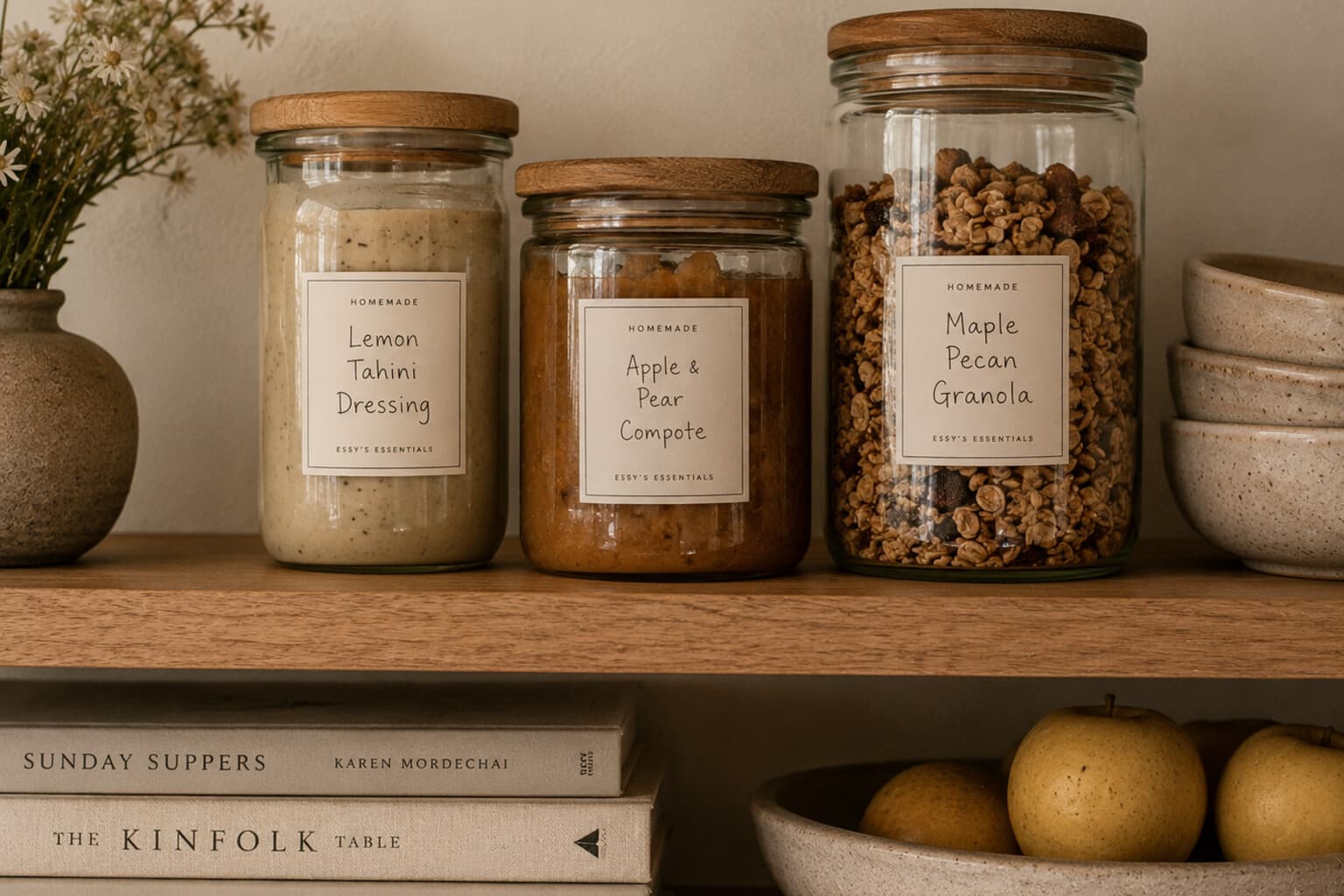 A few labelled jars of dressing, compote and granola arranged on an open kitchen shelf.