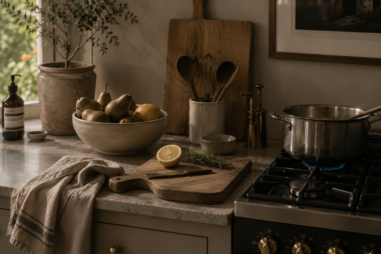 A kitchen worktop with a cutting board, a bowl of fruit and a pot warming on the stove.