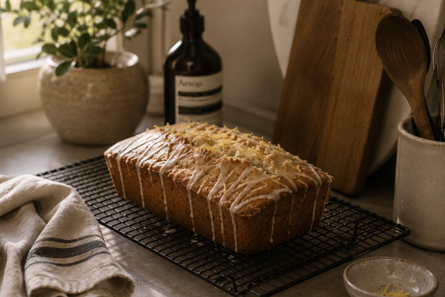 A simple loaf cake cooling on a wire rack in a warm kitchen.