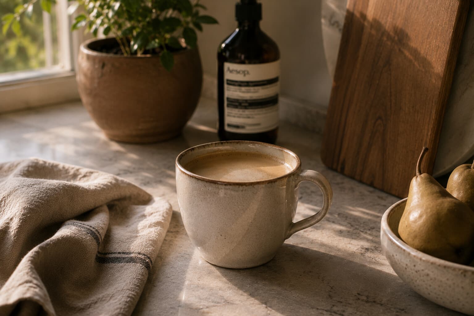 A favourite cup of coffee resting on a kitchen counter in morning light.