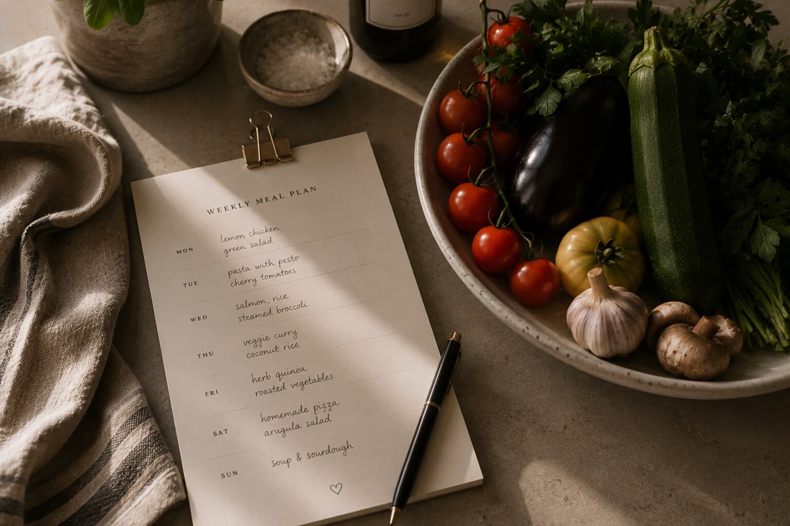 A simple weekly meal plan written on a notepad beside a bowl of fresh vegetables.