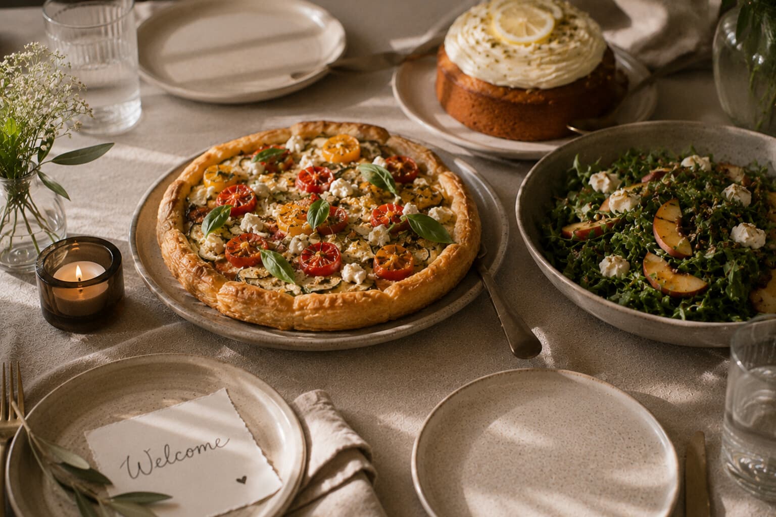 A welcome plate, a central tart, a fresh salad and a small cake arranged on a table.