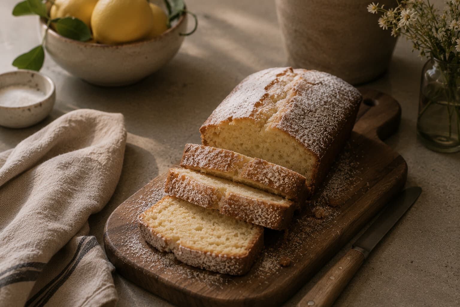 A simple seasonal loaf cake sliced on a wooden board with a dusting of icing sugar.
