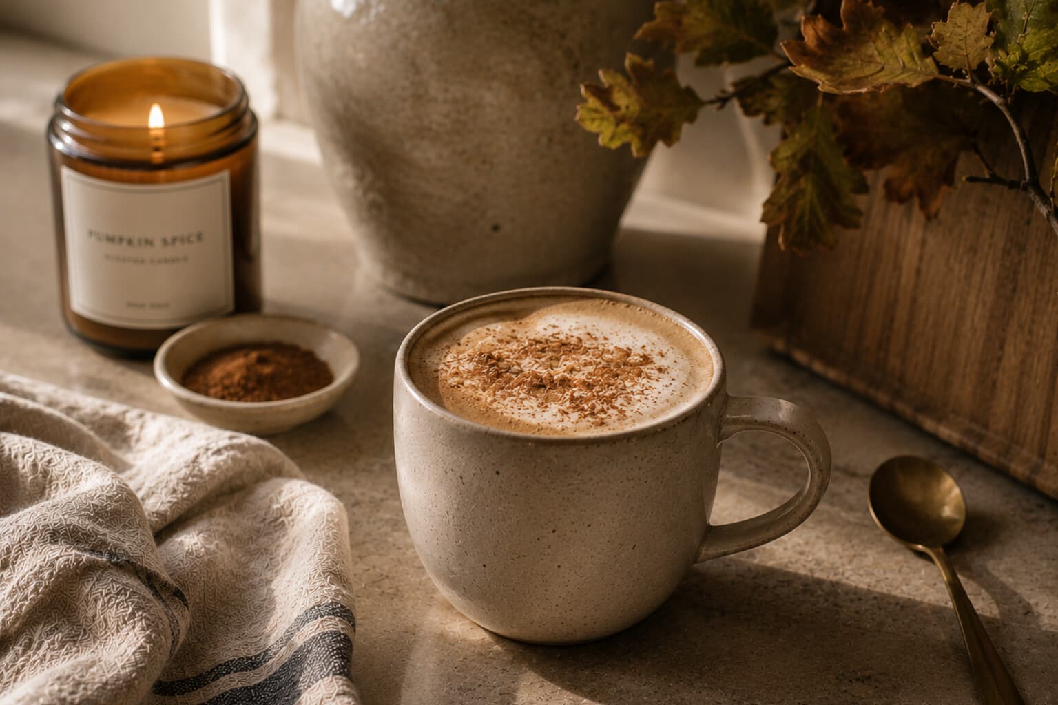 A seasonal latte dusted with cinnamon in a favourite mug.