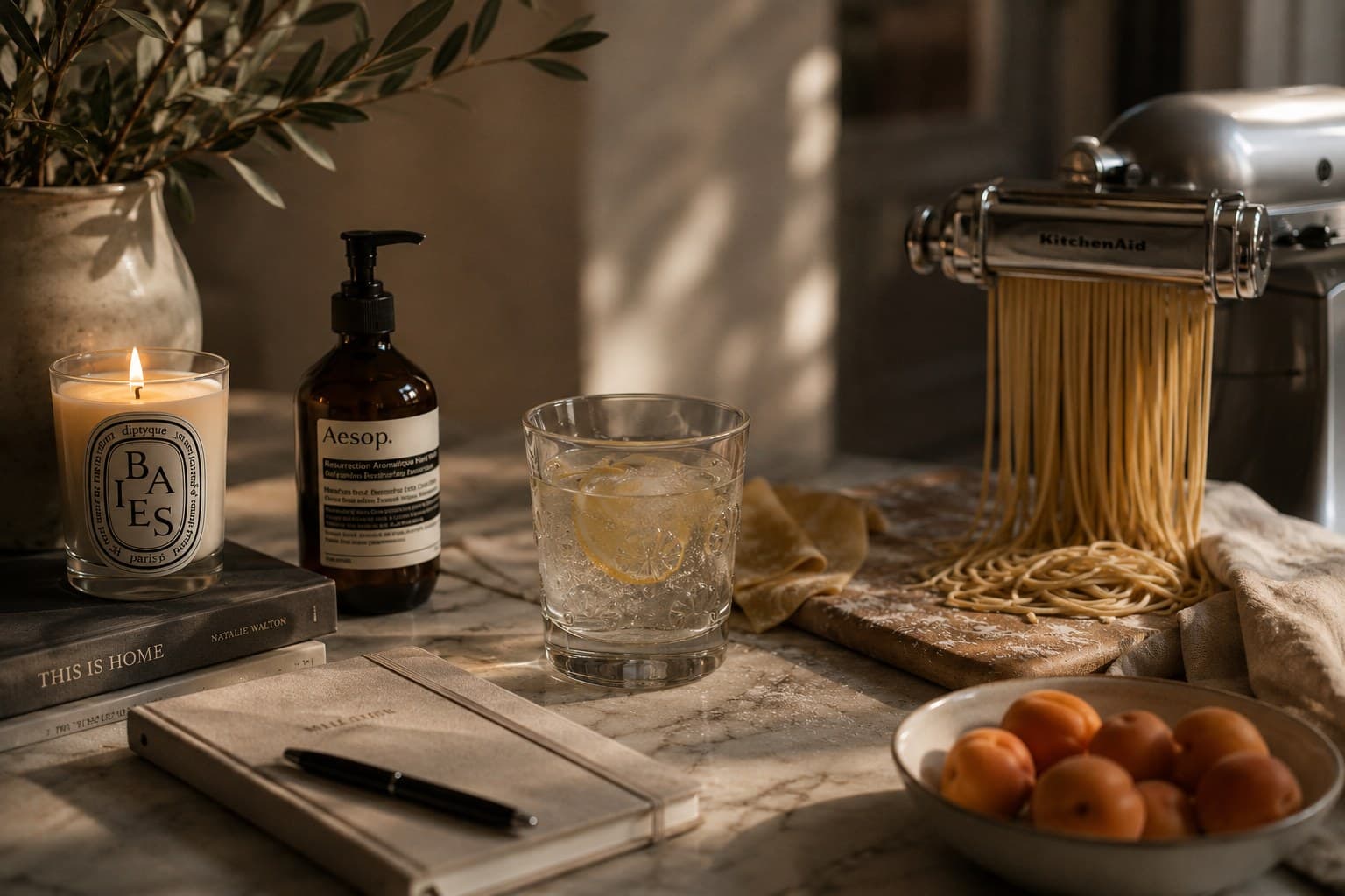 A lit Diptyque candle on a stack of books, styled for a warm evening at home.