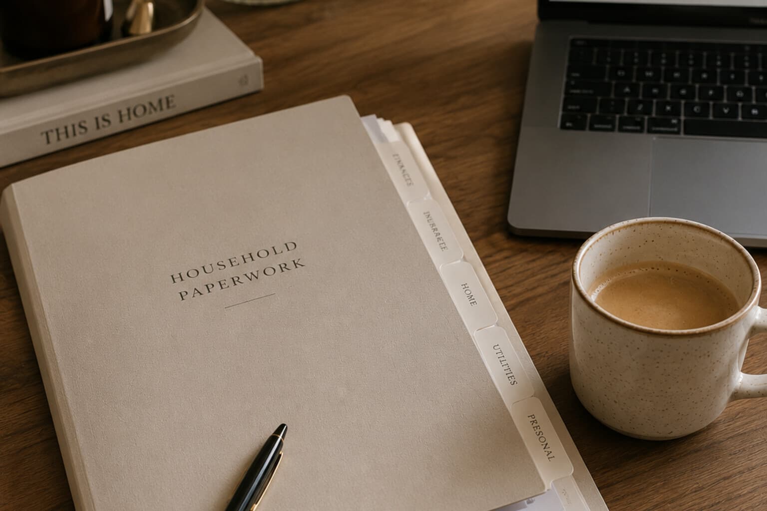A folder of household paperwork beside a laptop and a cup of coffee on a wooden desk.