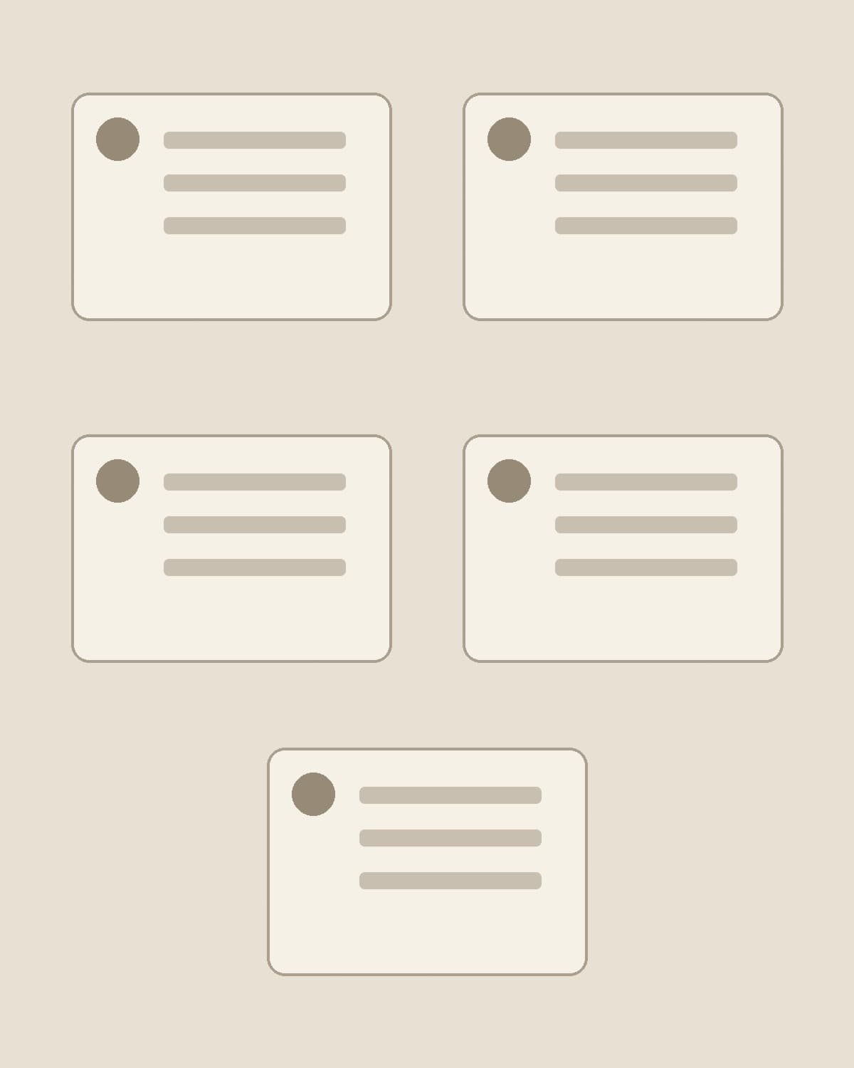 Editorial illustration of five structured management workflow cards.