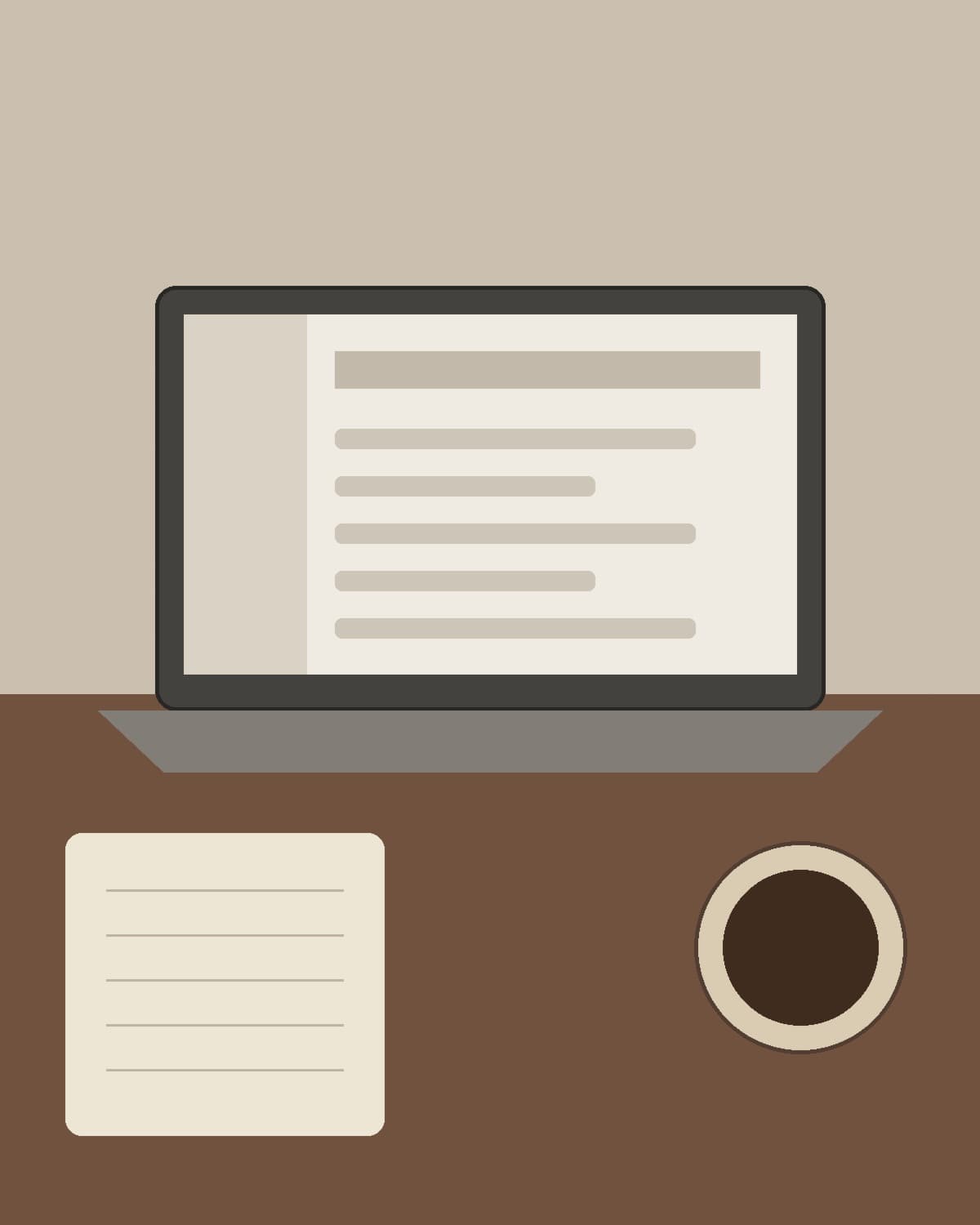 Editorial desk scene with laptop, notebook and coffee for an AI-assisted management workflow.