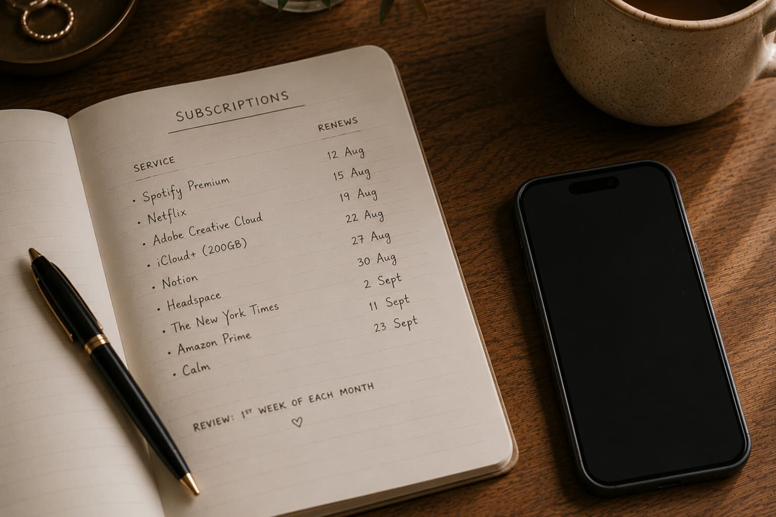 A short list of subscriptions and renewal dates written in a notebook beside a phone.