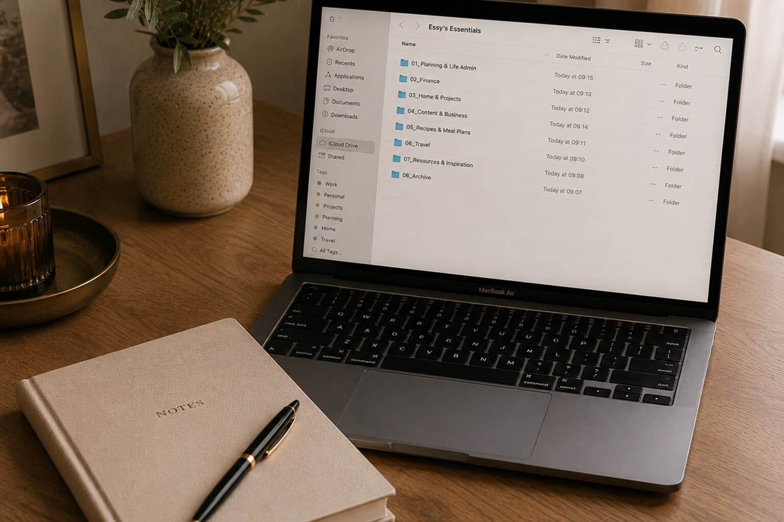 A laptop showing a tidy folder structure beside a notebook on a wooden desk.