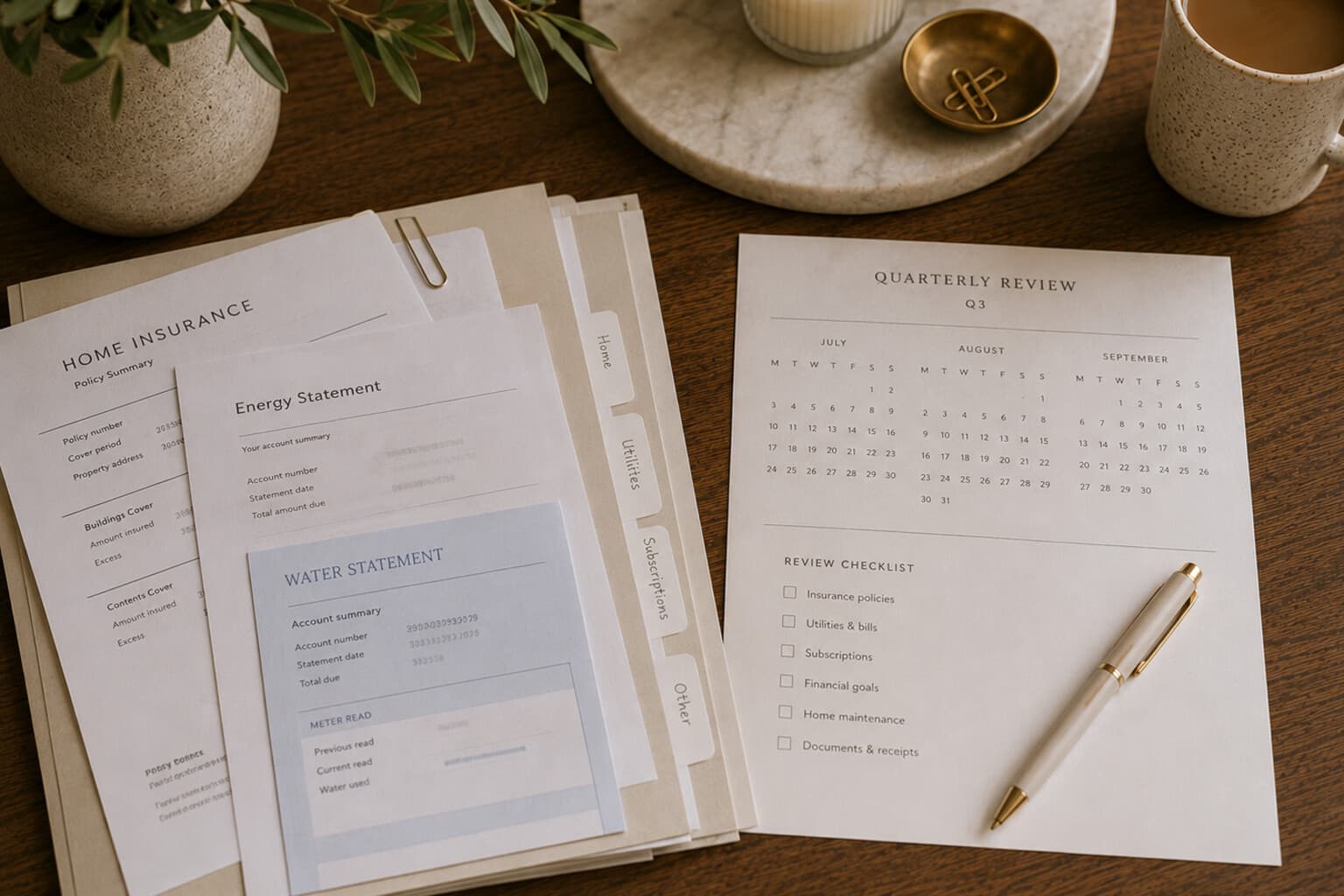 A small stack of household documents and a calendar page laid out for a quarterly review.