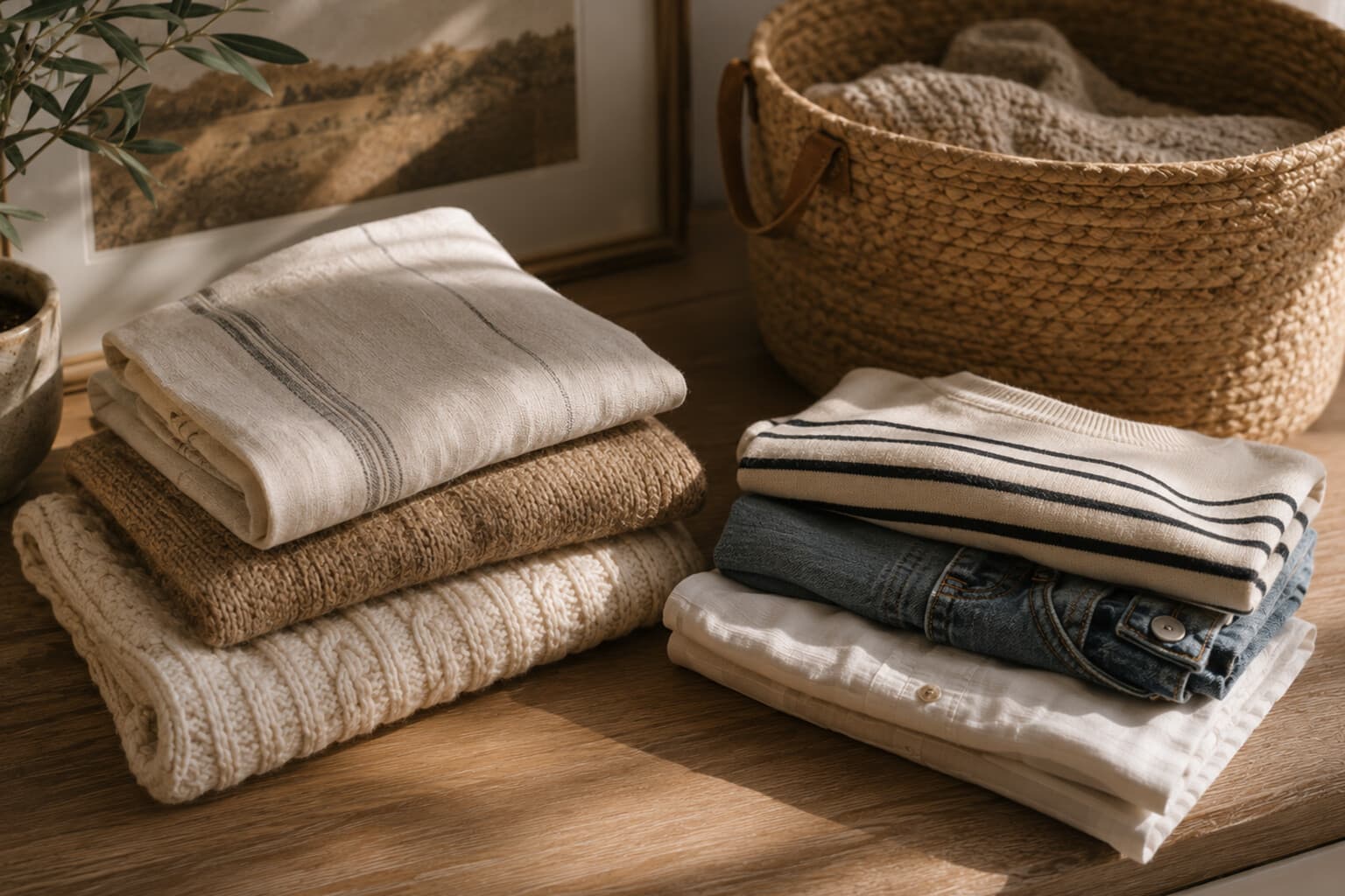 Folded seasonal textiles and a small stack of clothing laid out beside a storage basket.