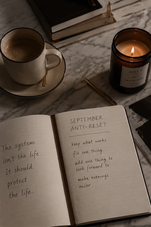 An open journal reading "September Anti-Reset" beside a cup of coffee and a lit candle on a marble counter, with books and a pen nearby