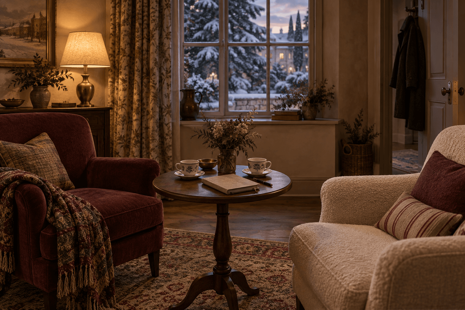 Two comfortable chairs and two cups of tea beside a winter window in a warmly lit sitting room.