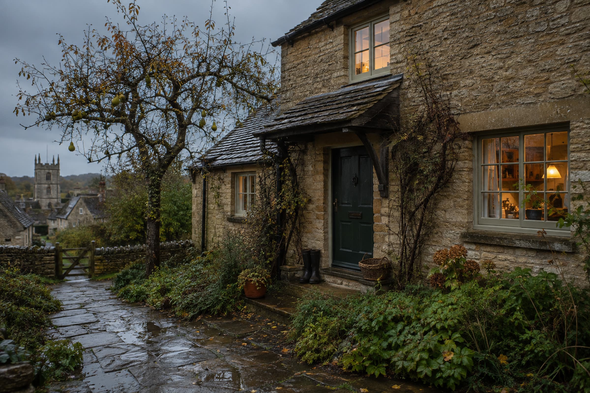 Alder House after rain, with its deep-green door, old pear tree and warm windows above Amberfell.