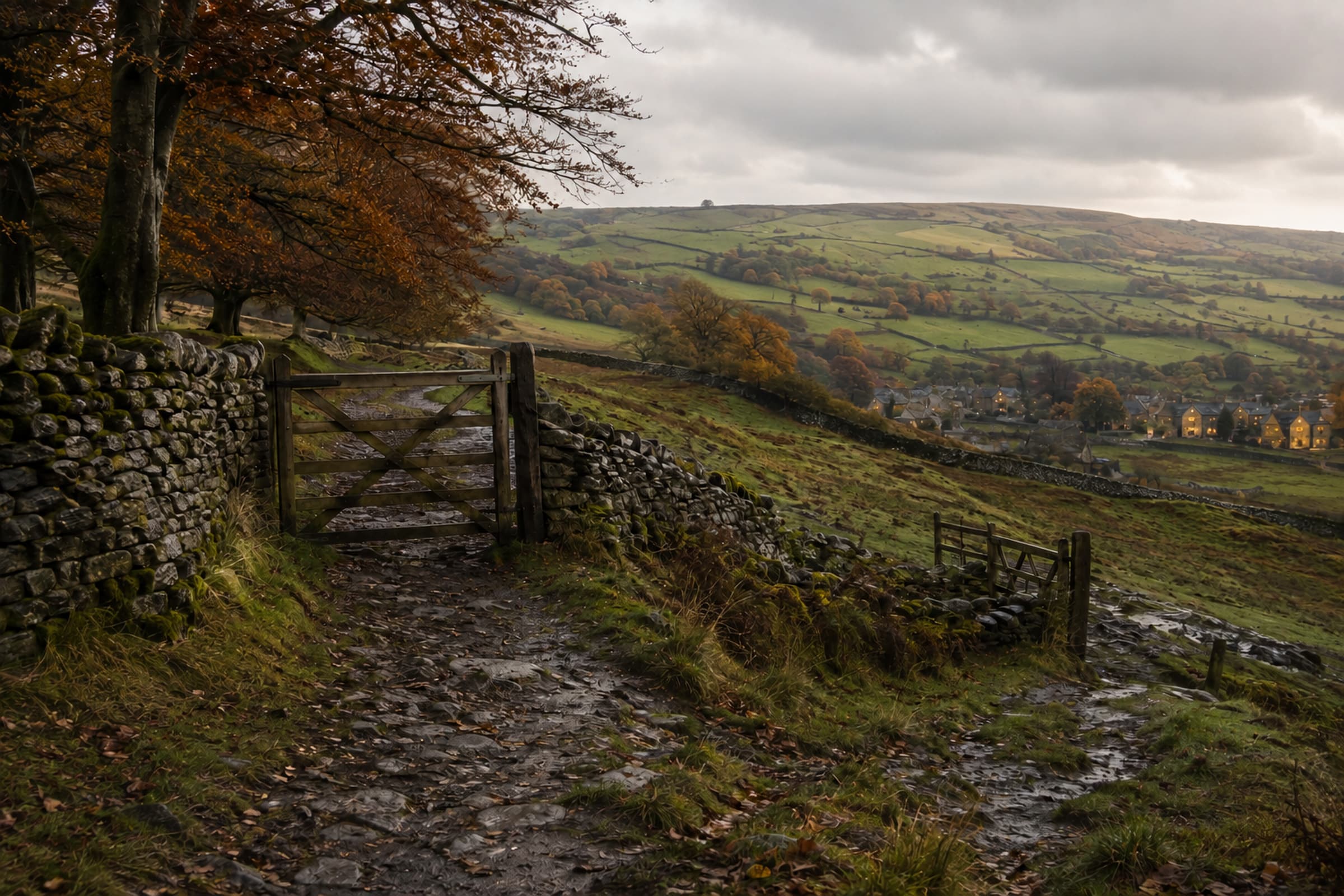West Gate on Amber Fell, with a muddy path, beech trees and Amberfell’s warm windows below.