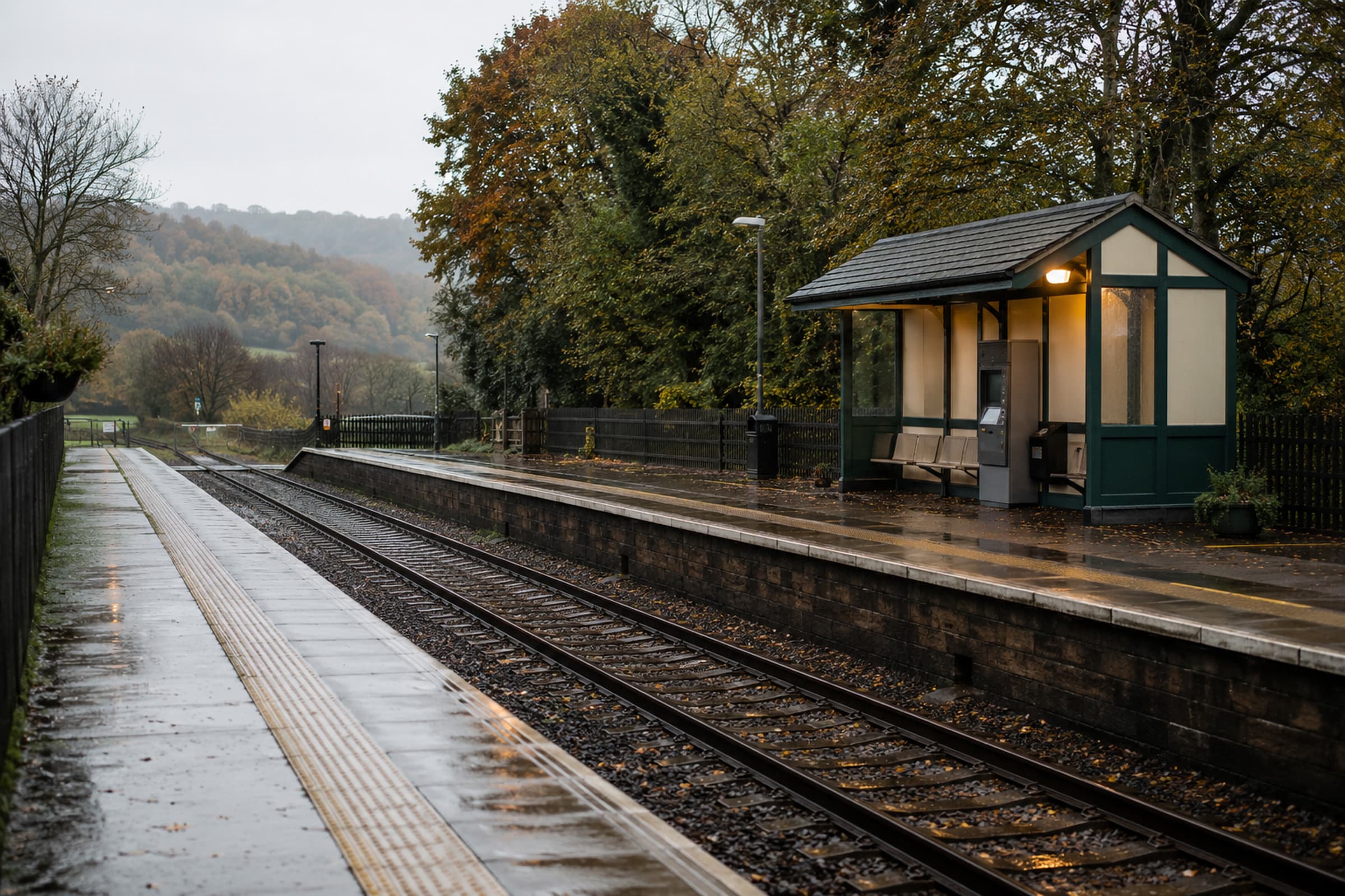 Amberfell Halt in the rain, with two quiet platforms, a deep-green shelter and one warm waiting light.