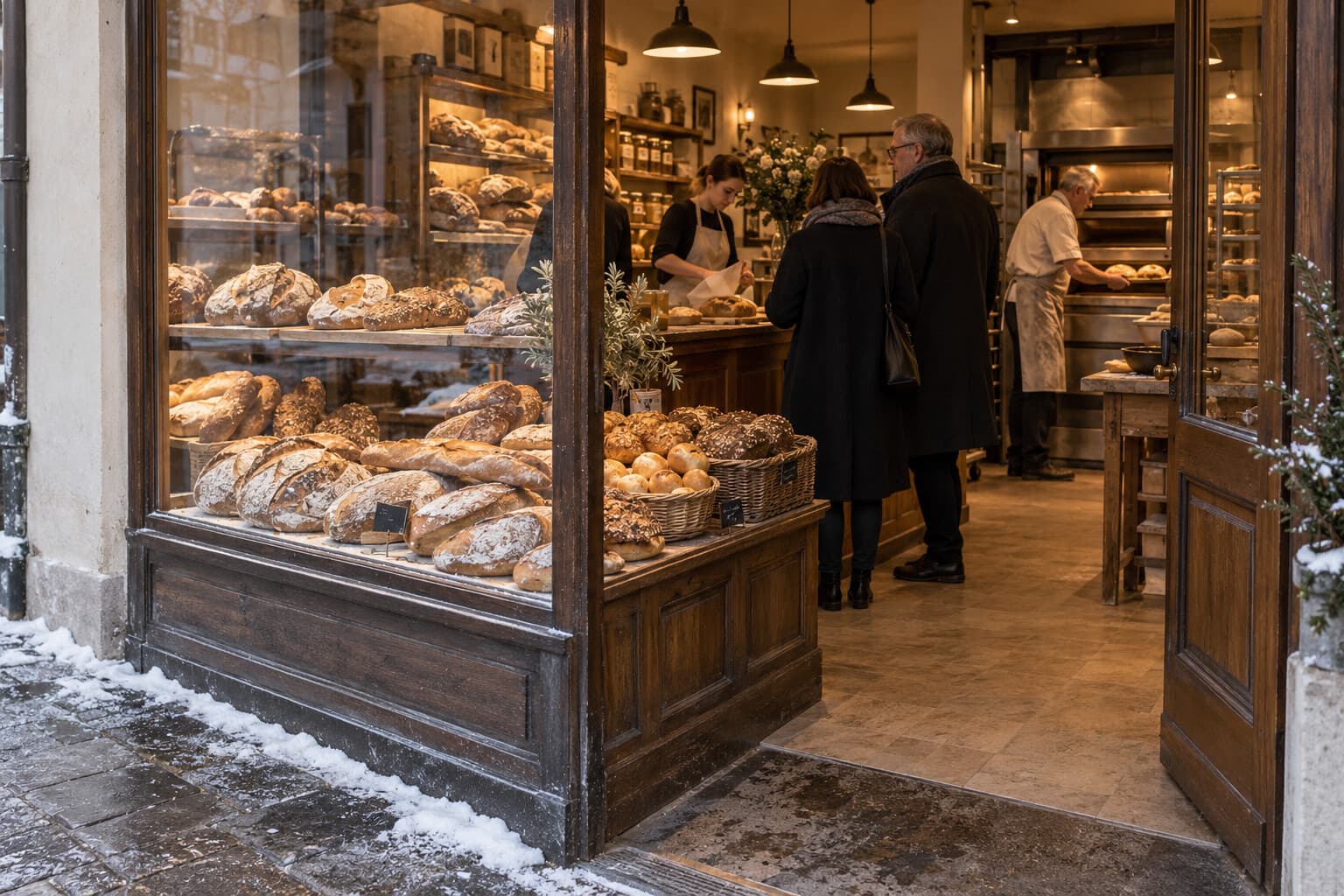 Bauer's Bakery on a busy Hollowpine morning, with ovens working and fresh bread in the front window.
