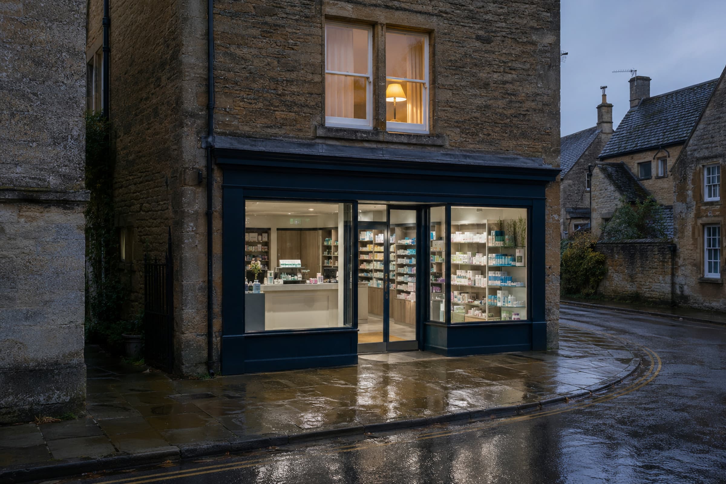 Bell & Moss Chemist on Church Lane, with a clear modern shopfront and one warm lamp in the flat above.