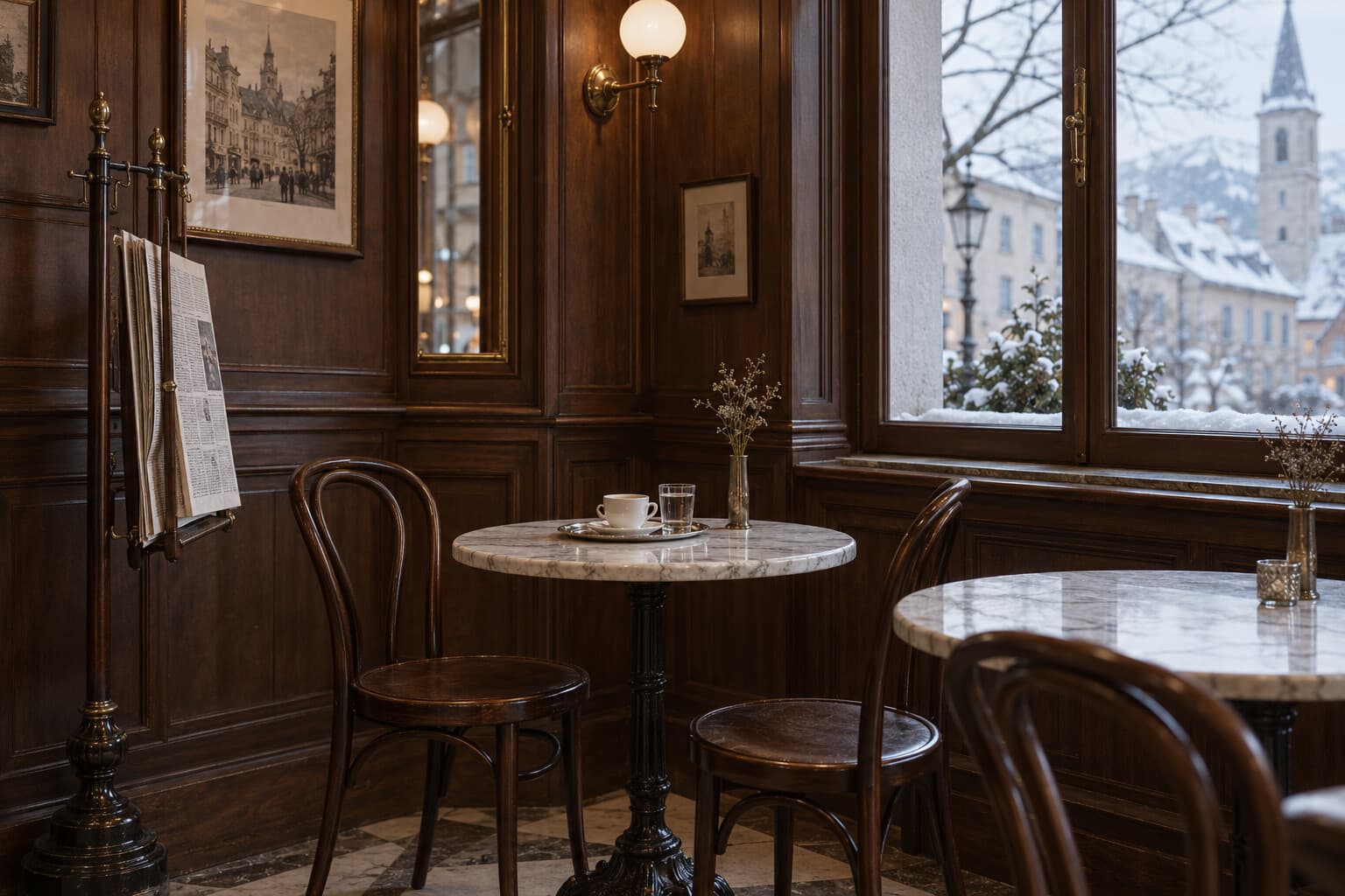 A quiet corner of Café Vesper, a Hollowpine coffee house with walnut wood, small marble tables and a newspaper on its stand.