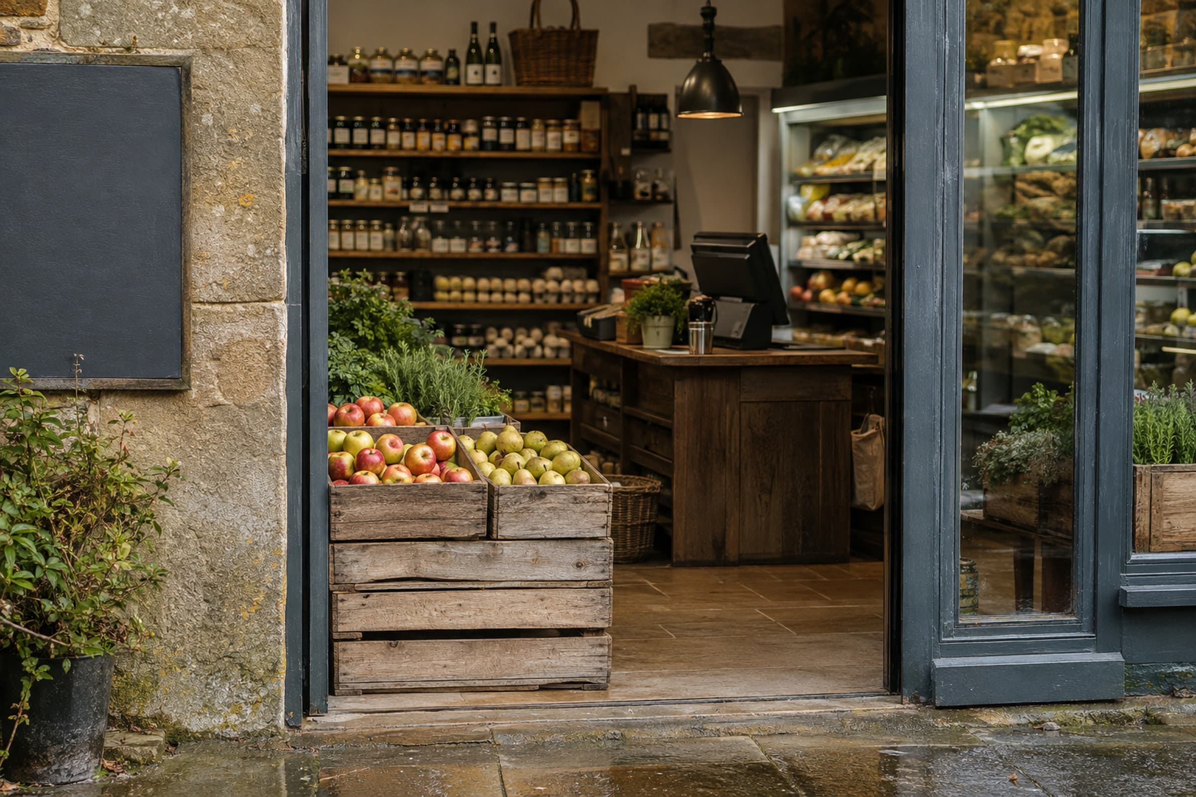 Holloway’s Grocer with low crates of orchard apples and pears beside practical pantry shelves.