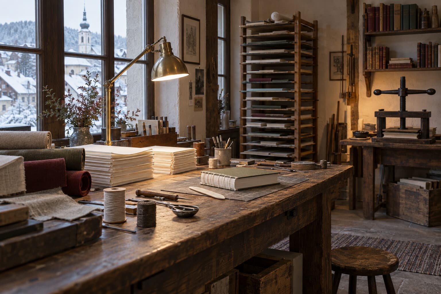 Lena's Bookbindery workshop, with linen, paper, drying racks and a lit reading lamp.