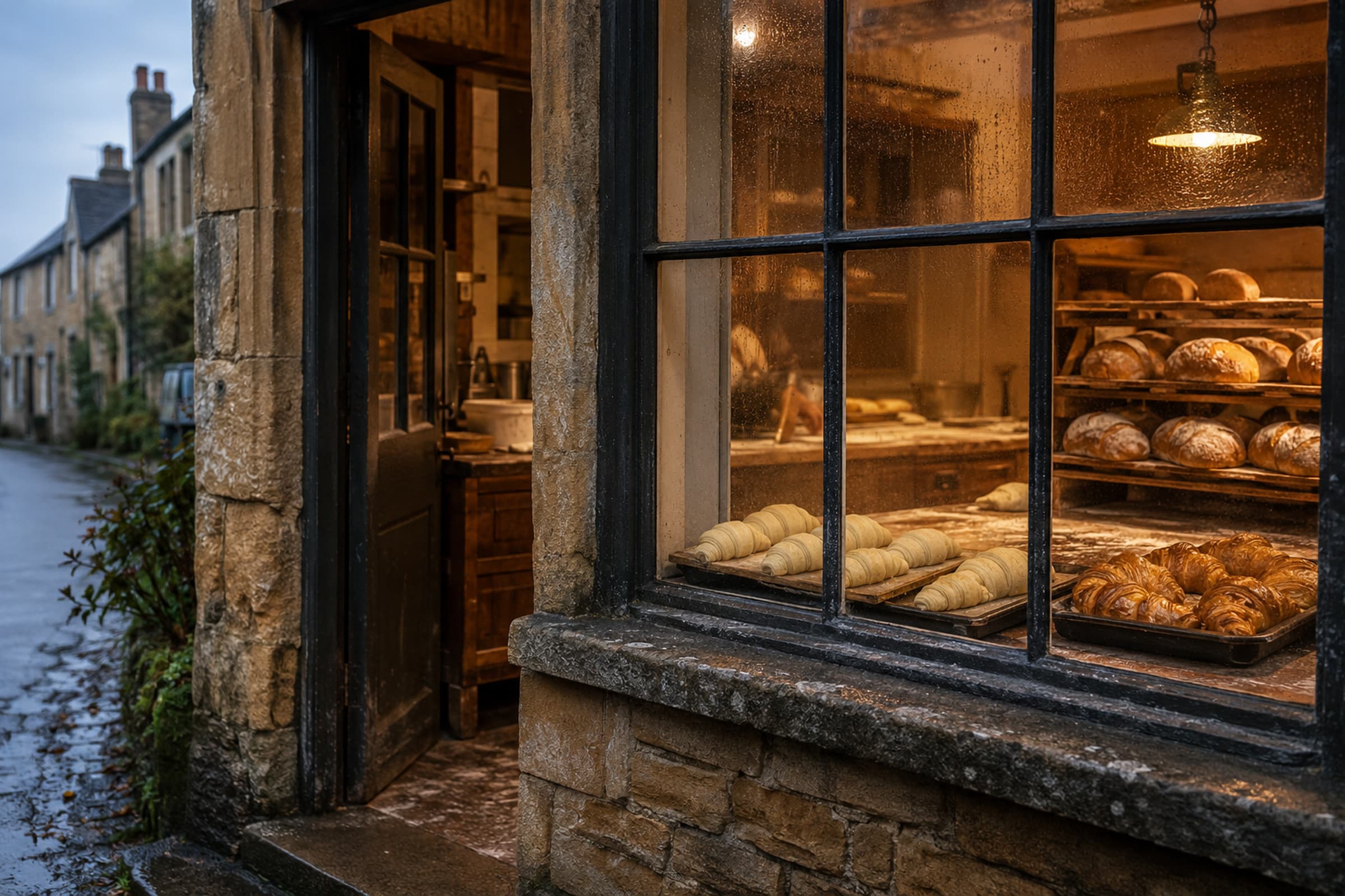 The warm early-morning window of March & Sons Bakery, with bread and croissants behind rain-speckled glass.
