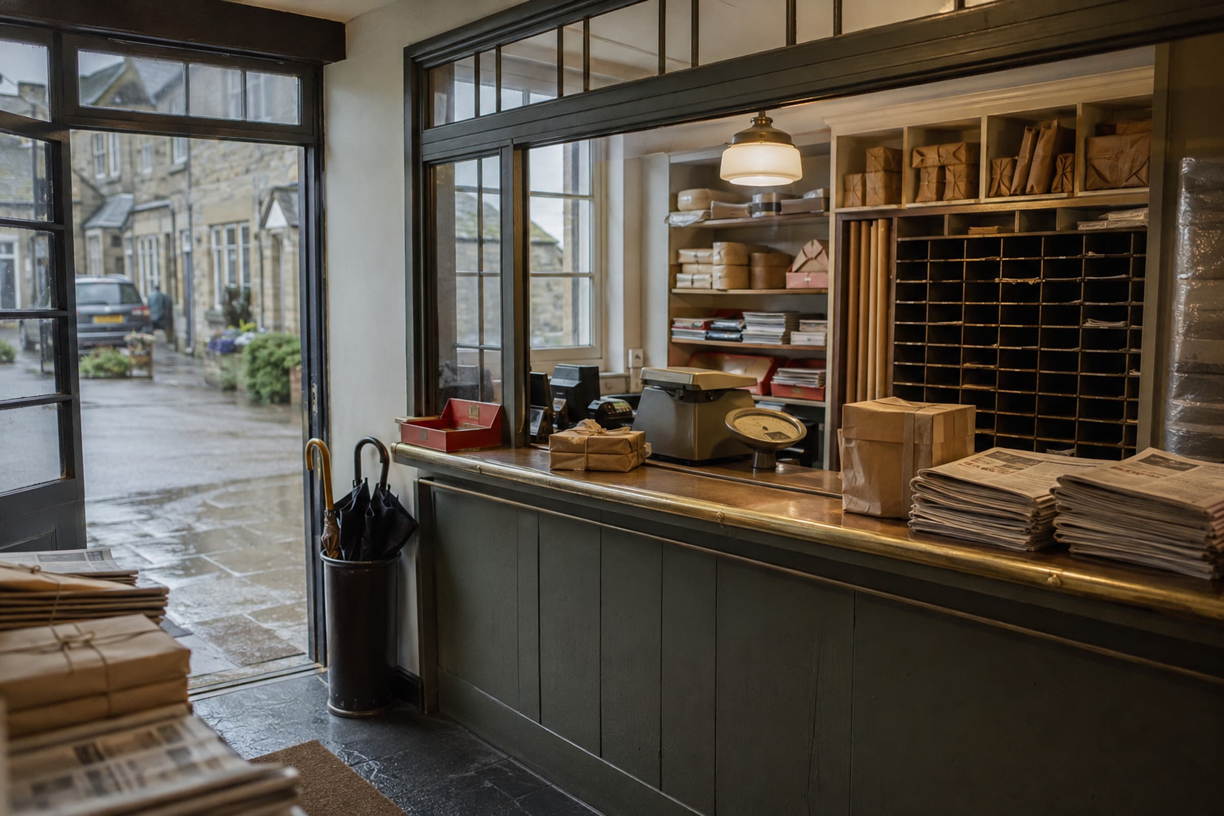 Amberfell Post & Paper with newspapers, parcels and a wet umbrella stand beside the brass-trimmed counter.