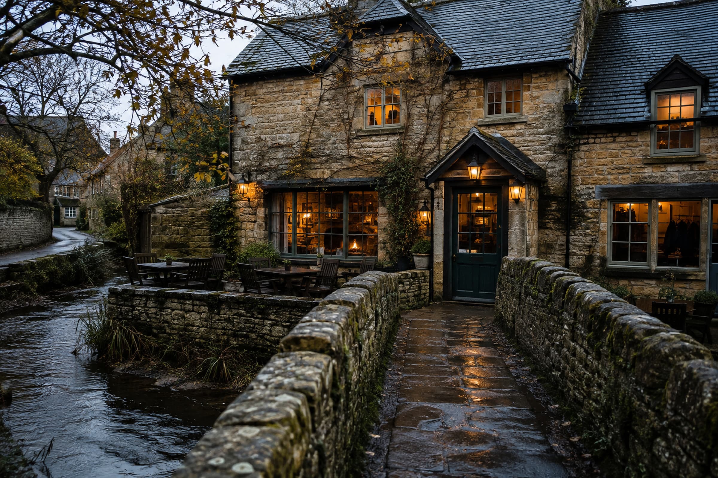 The Copper Hare beyond Amberfell’s stone bridge, its windows warm against the wet late-afternoon lane.