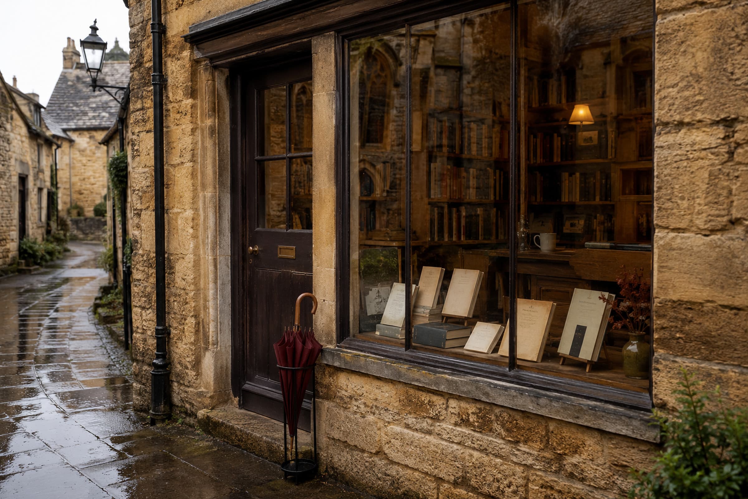 The Margin Bookshop on wet Church Lane, with warm shelves and a red-wine umbrella by the door.