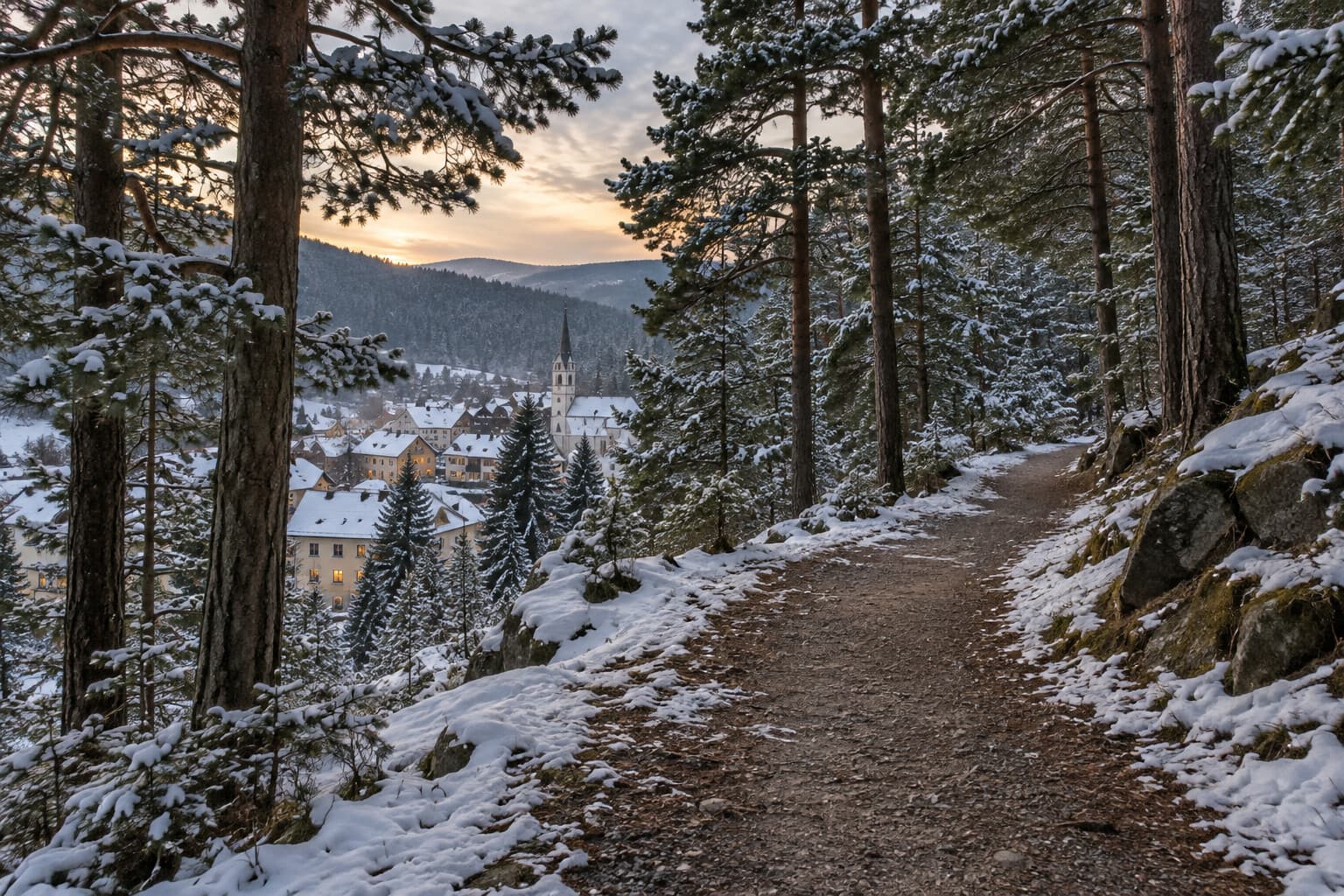 The Pine Path winding through snow-dusted pines on the hillside above Hollowpine.