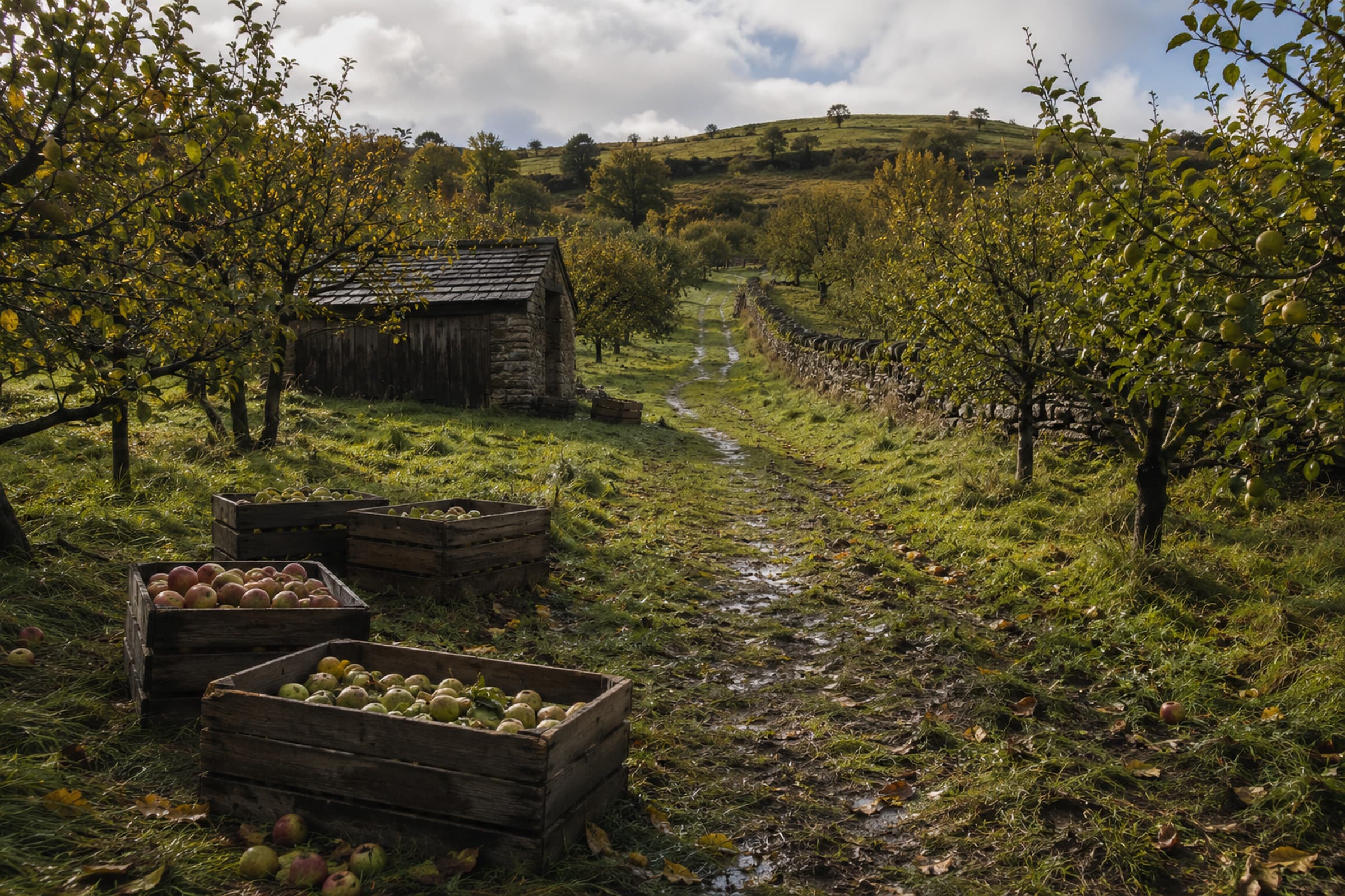 Vale Orchard after rain, with apple trees, working crates and the track rising towards West Gate.