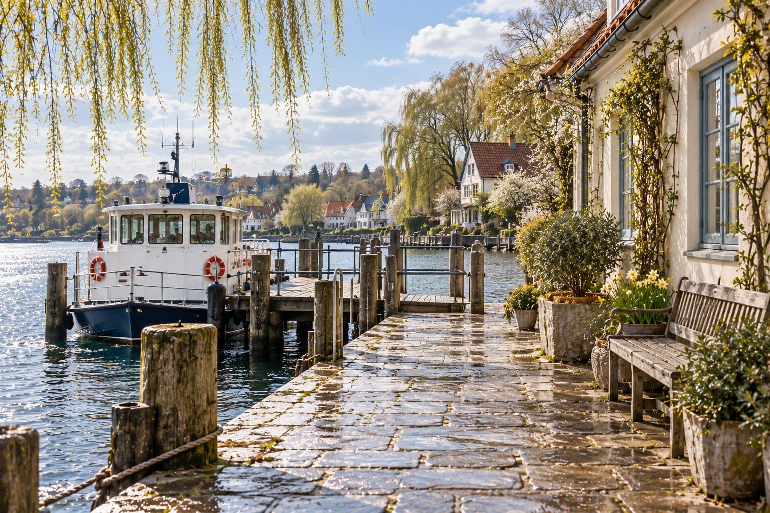 AI-created image of the ferry landing at Willow Quay in the fictional village of Willowmere.