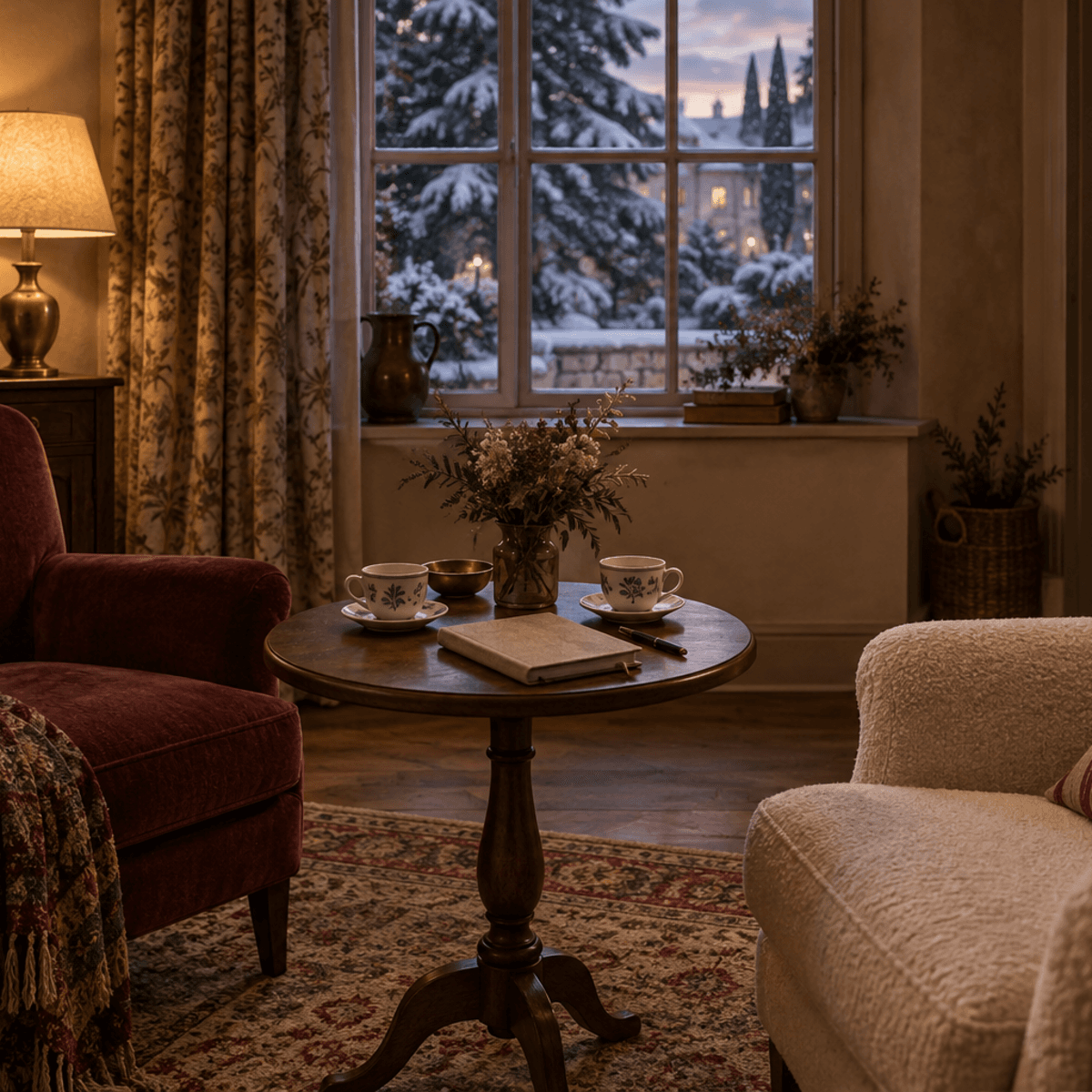 A painted illustration of a candlelit window at night, with dark green tones and old glassware on a windowsill.