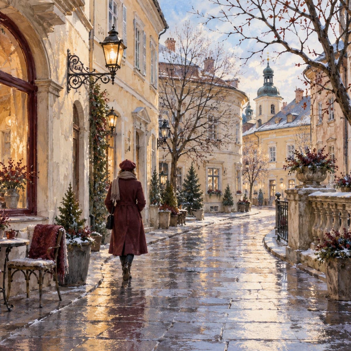 A painted illustration of a red postbox and a half-written letter on cream paper, with snow beginning to fall.