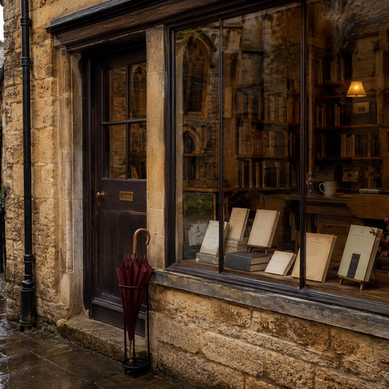 The warm window of The Margin Bookshop reflected in a rain-darkened Church Lane.