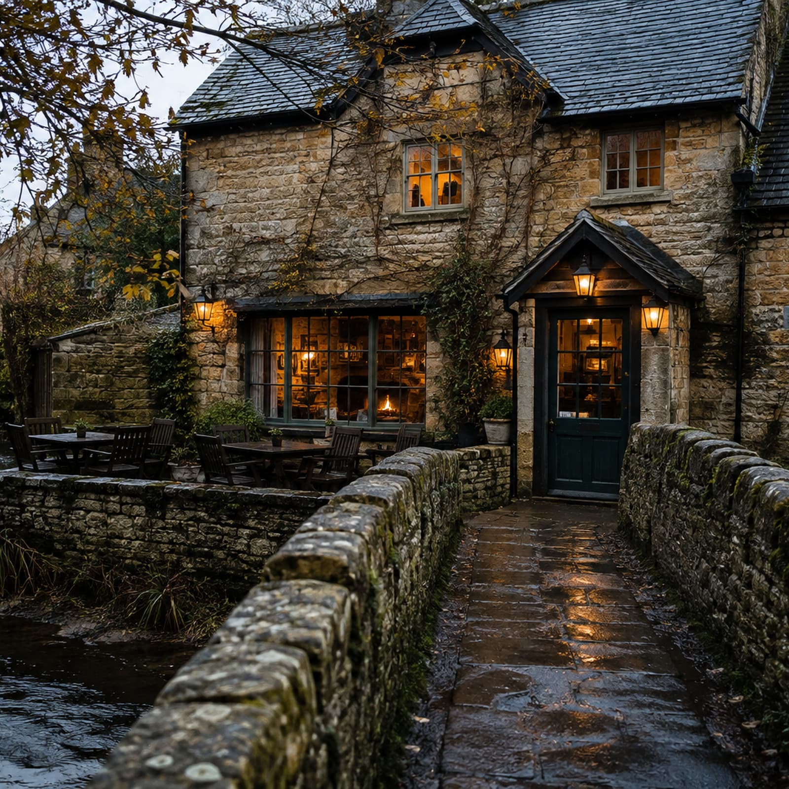 The Copper Hare glowing beside the wet stone bridge as afternoon becomes evening.