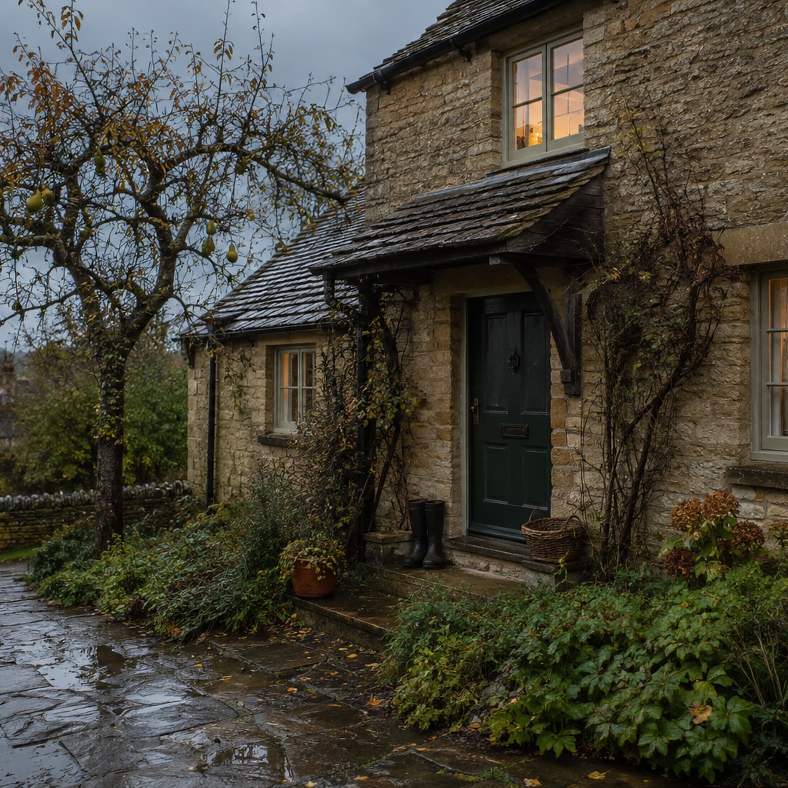 Alder House after rain, with a deep-green door, pear tree and one warm upstairs window.