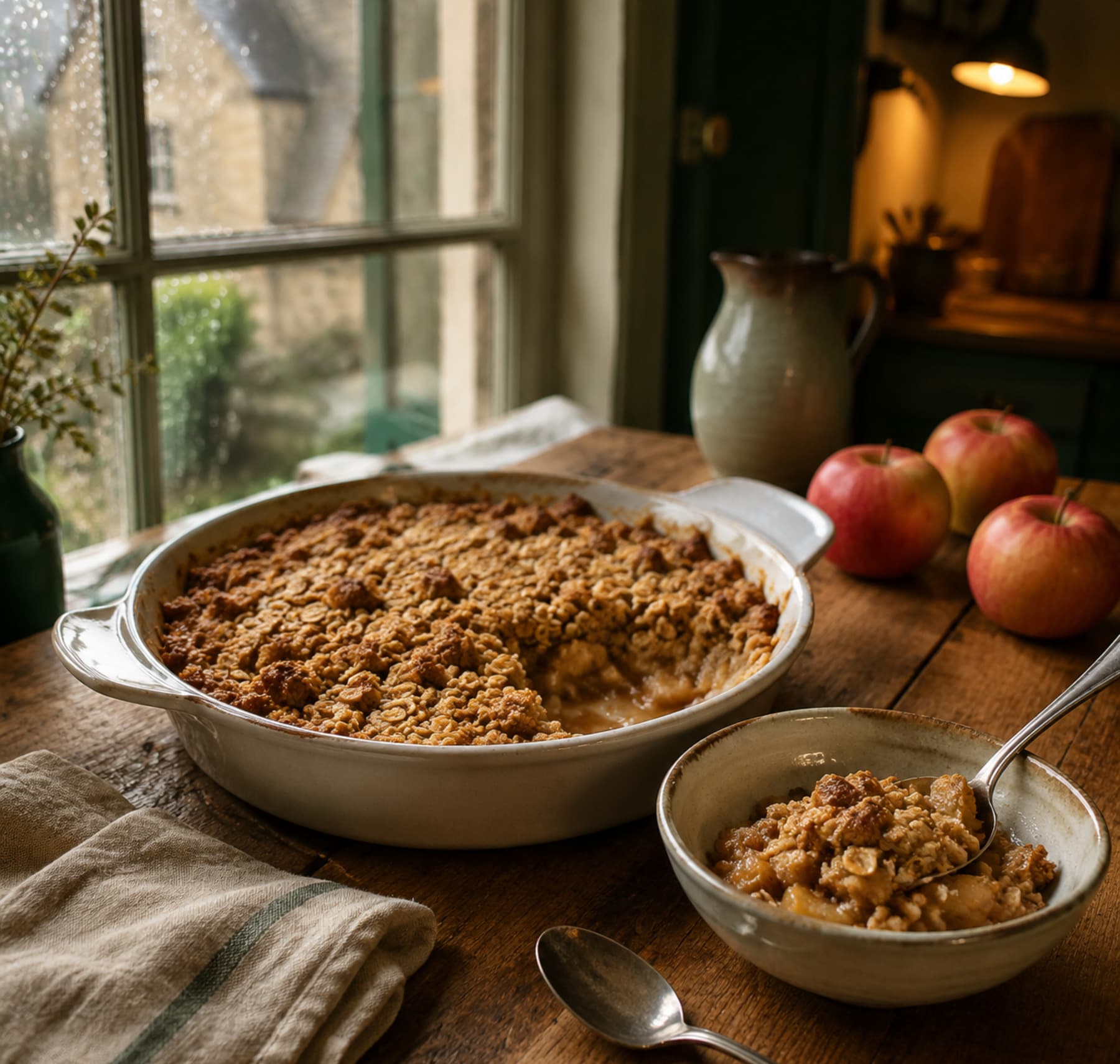 Warm apple, oat and brown sugar breakfast crumble served in a simple ceramic dish.