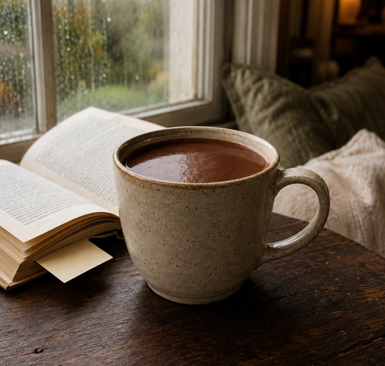 Salted maple hot chocolate in a simple cup beside a book on an autumn evening.